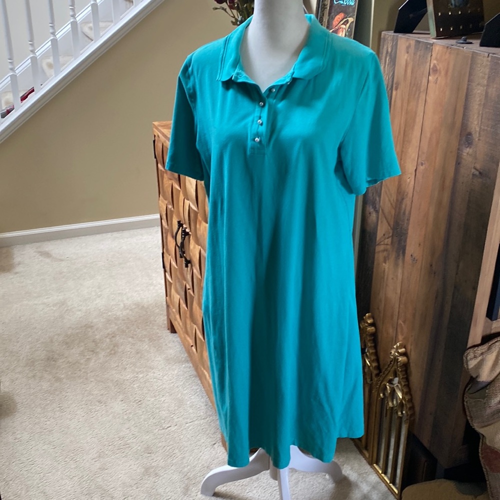 Denim and Co polo dress size medium, pearl buttons, teal color